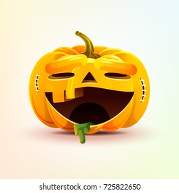 Stock vector illustration horrible cartoon Jack-o-lantern, terrible facial expression smiley pumpkin with laughing emotion, emoji sticker for celebrating Day all Saints, Happy Halloween in flat style