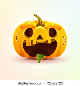 Stock vector illustration horrible cartoon Jack-o-lantern, facial expression autumn pumpkin with rejoicing smiley emotion, emoji, sticker for celebrating Day all Saints, Happy Halloween in flat style