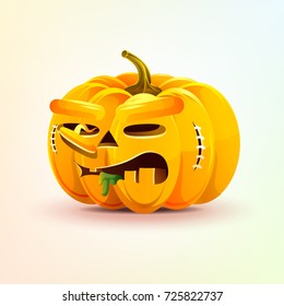 Stock vector illustration horrible cartoon Jack-o-lantern, terrible facial expression autumn pumpkin nasty ugly emotion, emoji, sticker for celebrating Day all Saints, Happy Halloween in flat style