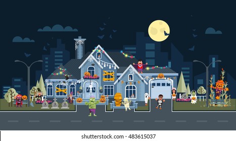 Stock vector illustration of house facade decorated for Halloween