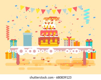 Stock vector illustration huge festive cake with candles on table, confetti, celebrate happy birthday, congratulating, gifts, flat style on beige background element for website, banner, motion design