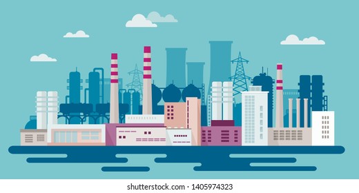 Dibujo vectorial de una zona industrial con fábricas químicas, plantas, fábricas de hierro, almacenes, empresas de estilo plano 