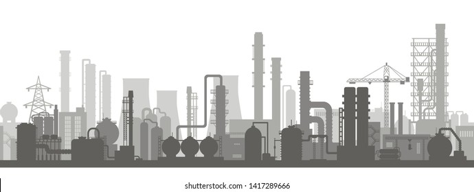 Stock vector illustration of an industrial zone with silhouettes chemical factories, plants, pipes, warehouses, enterprises in the flat style