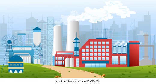 Stock vector illustration of an industrial zone with factories, plants, warehouses, enterprises in the flat style landscape.