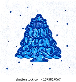 Stock vector illustration, with the inscription - happy new year 2020, in the shape of a Christmas tree, can be used as a holiday symbol to congratulate relatives and colleagues.