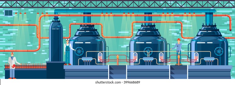 Stock vector illustration interior of brewery, modern architectures, factory building in flat style element for infographic, website, icon, games, motion design, video