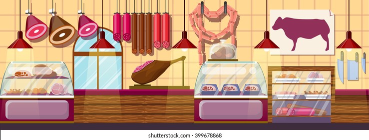 Stock vector illustration interior of Butcher shop, modern architectures, showcase meat products in flat style element for infographic, website, icon, games, motion design, video
