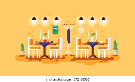 Stock-Vektorgrafik-Interieur-Café, Restaurant-Lounge, Esstisch, Esszimmer, Snackbar, Romantik, Cafeteria, Kantine im Flachstil