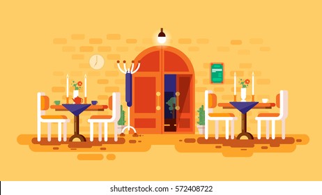 Stock vector illustration interior entrance door cafe, restaurant lounge dining table lunch room snack bar romantic cafeteria, canteen flat style design, infographic, printed material, video animation