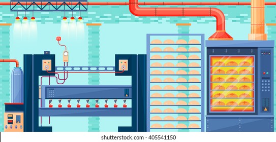 Ilustración vectorial de la planta, fábrica, producción de panadería en elementos de estilo plano para infografía, sitio web, icono