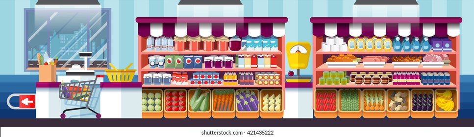 Stock vector illustration the interior of supermarket, cashier showcase, grocery, deli in flat style element info graphic, website, games, motion design, video