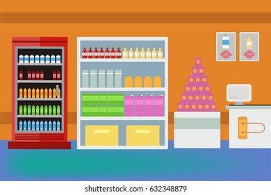 Stock vector illustration the interior of supermarket, cashier showcase, grocery, deli in flat style , website , shop, store , EPS10