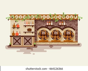 Stock vector illustration interior of wine shop, sale of whiskey in barrels and in bottles, showcase with alcoholic beverages, liquor store in flat style