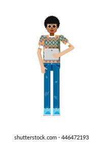 Stock vector illustration isolated of African American woman dark hair, with laptop in hand, looking into eBook, sportswoman, touch screen, jeans in flat style on white background