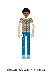 Stock vector illustration isolated of African American woman dark hair, with smartphone in hand, listen music from phone, sportswoman, touch screen, jeans in flat style on white background