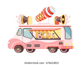 Stock vector illustration isolated car with refrigeration unit, truck for sale and manufacture ice cream, vanilla, chocolate, popsicles,  meals on wheels, street food flat style on white background