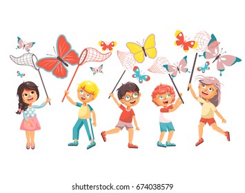 Stock vector illustration isolated cartoon character children, young naturalists, biologist boys and girls catch colorful butterflies with nets, scoop-nets, hoop-nets on white background in flat style
