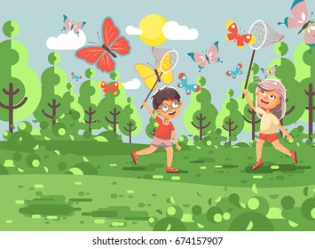 Stock vector illustration isolated cartoon character two children, young naturalists, biologist boy and girl catch colorful butterflies with nets, scoop-nets, hoop-nets white background in flat style