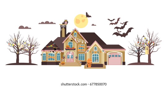 Stock vector illustration isolated cartoon house decorated pumpkins, skeletons celebrate holiday party Happy Halloween, brochure, flyer, leaflet or card for Trick-or-Treat flat style white background