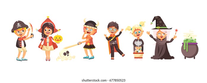 Stock vector illustration isolated cartoon children Trick-or-Treat boy, girl, costumes fancy dresses holiday party Happy Halloween, pumpkins, bats flat style white background brochure, flyer, leaflet