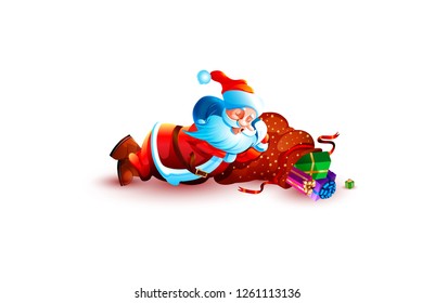 Stock vector illustration isolated character santa claus sleeping slumber tired lies snoring on bag gift present box sticker emoji happy new year merry christmas mascot design element white background