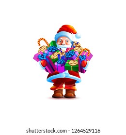 Stock vector illustration isolated character santa claus hold huge pile gift box presents shopping sale wide smiling sticker emoji happy new year merry christmas mascot design element white background