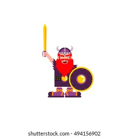 Stock vector illustration of isolated character Warrior Viking with a sword and shield on white background in a flat style