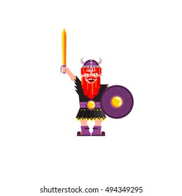 Stock vector illustration of isolated character Warrior Viking with a sword and shield on white background in a flat style