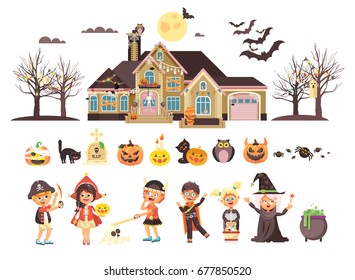 Stock Vector Illustration Isolated Children Trick-or-Treat Boy, Girl, Costumes Fancy Dresses Holiday Party Happy Halloween, Horror House Decorated Pumpkins, Skeletons, Bats Flat Style White Background