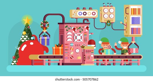 Stock vector illustration of isolated Christmas conveyor with elves pack gifts and put them in bag of Santa Claus near tree festively dressed up, flat style on turquoise background for Happy New Year