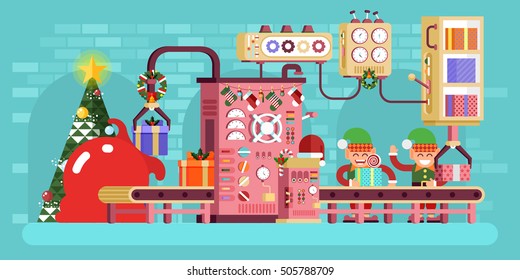 Stock vector illustration isolated Christmas conveyor, elves pack gifts, put them in bag of Santa Claus near tree festively dressed up, flat style of turquoise plant interior background Happy New Year