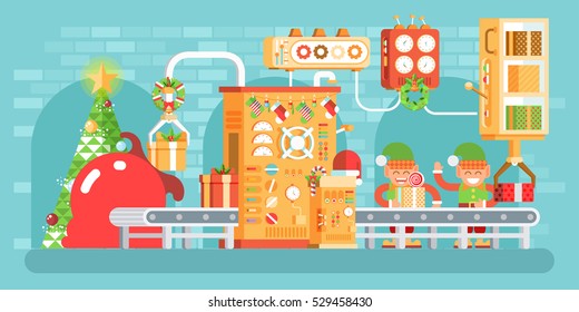 Stock vector illustration of isolated Christmas conveyor with elves pack gifts near the spruce tree festively dressed up, flat style on white background for Happy New Year info graphics  2017