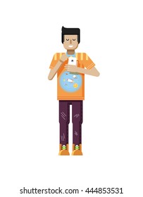 Stock vector illustration isolated of European man with dark hair,  with smartphone in hand, youth looking into screen of phone, T-shirt with space system and rocket in flat style on white background