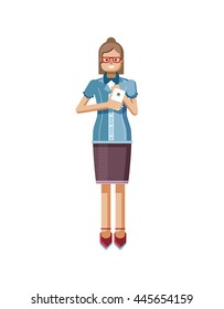Stock vector illustration isolated European Brown hair woman with glasses, hipster blouse buttoned, lady with smartphone in hand, female looking into screen of phone in flat style on white background