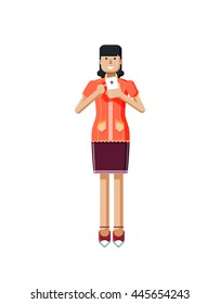Stock vector illustration isolated of European woman with dark hair, earrings, blouse, touch screen, with smartphone in hand, looking into phone, flat style on white background