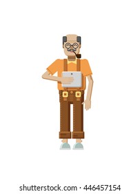 Stock vector illustration isolated of European elderly retiree, gray hair, mustache, in glasses, pipe in mouth, trousers with braces, old man with laptop in hand in flat style on white background