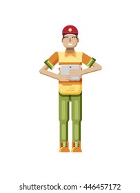 Stock vector illustration isolated of European man with dark hair, huge smile in red cap,  with laptop in hand,  looking into screen of eBook, T-shirt in flat style on white background