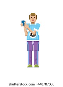 Stock vector illustration isolated of European man with blond hair, receding hairline, smartphone by hand
