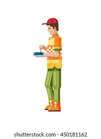 Stock vector illustration isolated of European man with dark hair, huge smile in red cap touch screen smart phone side view