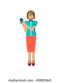 Stock vector illustration isolated of European light brown hair woman, in glasses, with skirt, blouse, smart phone in hand