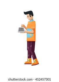 Stock vector illustration isolated of European man with dark hair, touches screen eBook side view, looks into laptop, Shirt with space system, rocket flat style white background