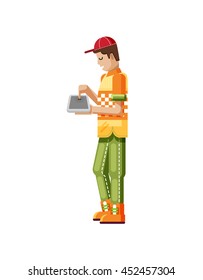 Stock vector illustration isolated of European man with dark hair, huge smile in red cap, touches screen eBook side view, looks into laptop, Shirt in flat style, white background