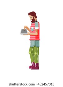 Stock vector illustration isolated of European hipster with dark brown hair, beard, man touches screen eBook side view, looks into laptop, striped Shirt flat style on white background