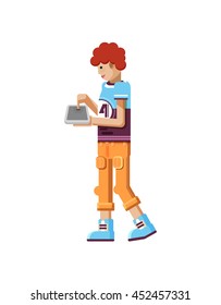 Stock vector illustration isolated of European redhead man with freckles in short pants, touches screen eBook side view, looks into laptop, Shirt in flat style, white background