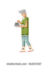 Stock vector illustration isolated of European blonde man in sports shirt and sweatpants, touches screen eBook side view, looks into laptop in flat style on white background