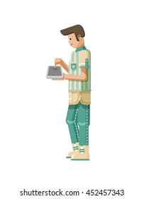 Stock vector illustration isolated of European man with light brown hair, touches screen eBook side view, looks into laptop, striped shirt in flat style on white background