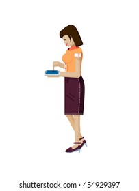 Stock vector illustration isolated European woman with dark hair, in profile, purchases via mobile phone in hand, touches screen side view, Order by cellphone, types sms flat style
