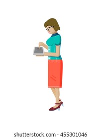 Stock vector illustration isolated European light brown hair woman in profile, read books  via eBook, laptop in hand, touches screen side view, Order by Internet, news flat style