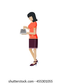 Stock vector illustration isolated European woman with dark hair, in profile, read books  via eBook, laptop in hand, touches screen side view, Order by Internet, news flat style