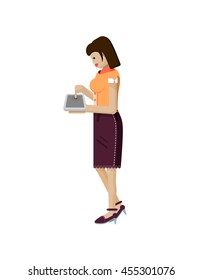 Stock vector illustration isolated European woman with dark hair,  in profile, read books  via eBook, laptop in hand, touches screen side view, Order by Internet, news flat style